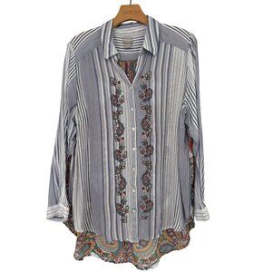 Chicos 3 Womens Size XL embroidered Paisley Stripe Button-Front Shirt tunic boho